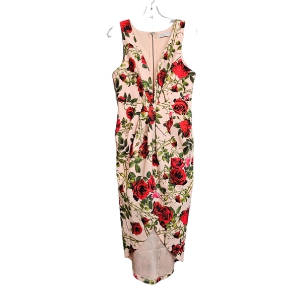 Nwot Ginger Fizz Sleeveless Plunging V Peach/Red Roses Asymmetrical Midi… - Picture 3 of 17